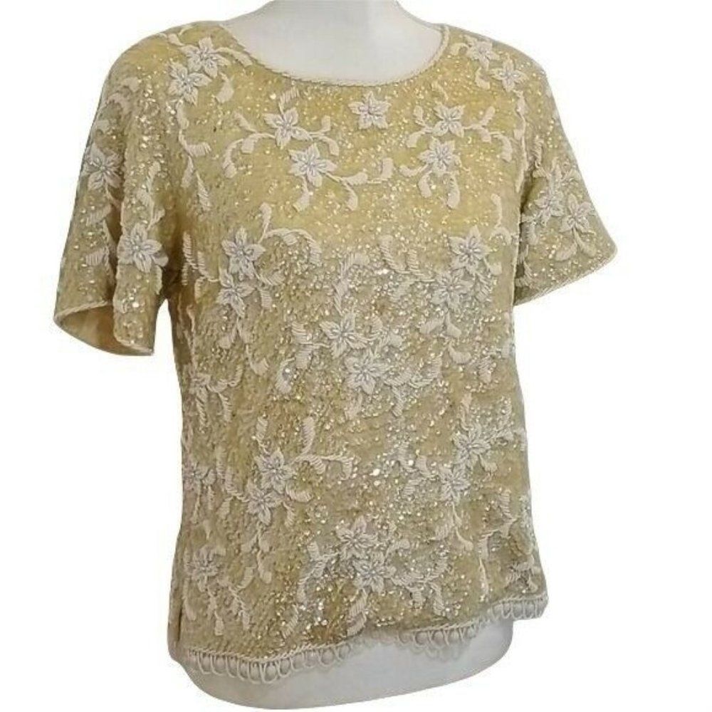 Vintage Beaded Sweater Medium Ivory Sequined Short Sleeve Wool with lining
